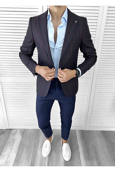dehaine Sacou pentru barbati, slim fit, in dungi, 574, bleumarin