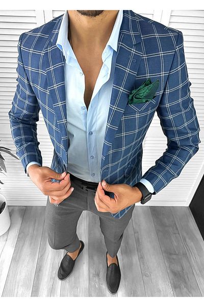 dehaine Sacou pentru barbati, slim fit, in carouri, 12715, albastru