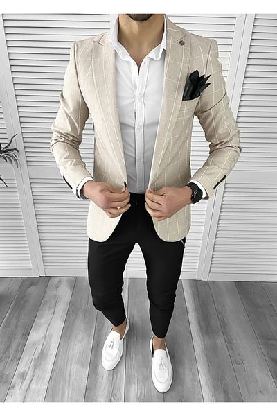dehaine Sacou pentru barbati, slim fit, in carouri, 1142, bej