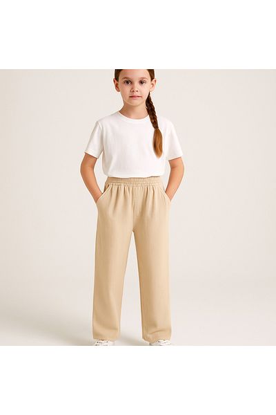 wakawakakidsstore Beige Loose Cut Girl's Trousers
