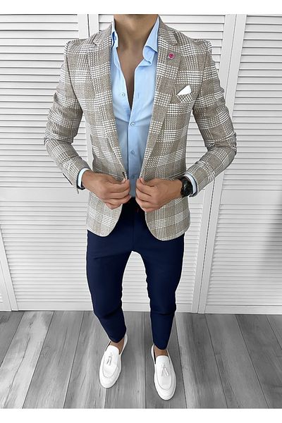 dehaine Sacou pentru barbati, slim fit, in carouri, 3094, bej