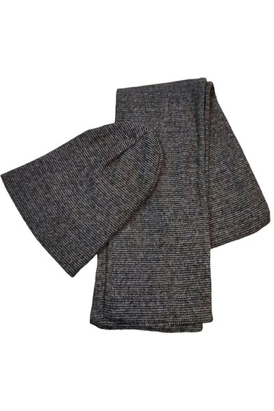 T-Box Navy Blue Gray Men's Scarf Beanie Set