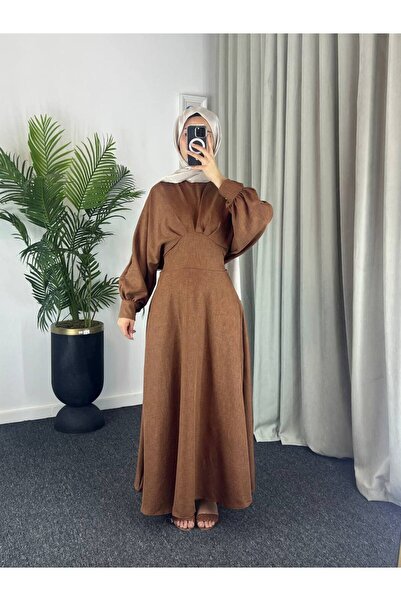 Esre Store 4535 - Ленена скромна рокля, кафява