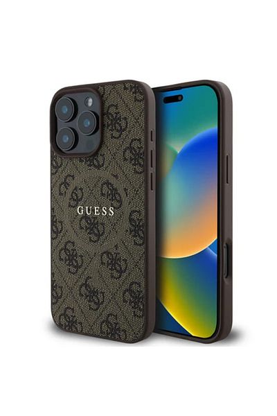Guess Case for iPhone 16 Pro - Guess 4G Ring Classic Logo MagSafe (GUHMP16LG4GFRW) - Brown