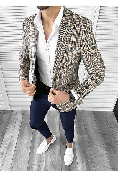 dehaine Sacou pentru barbati, slim fit, in carouri, 1162, maro