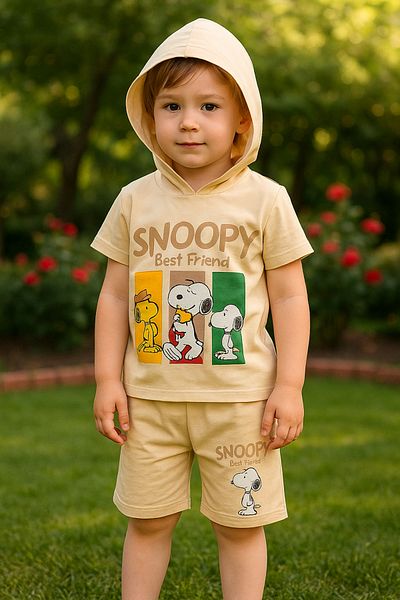 KGN GİYİM Men's Snoopy Children's Summer Bottom Top Hooded Set