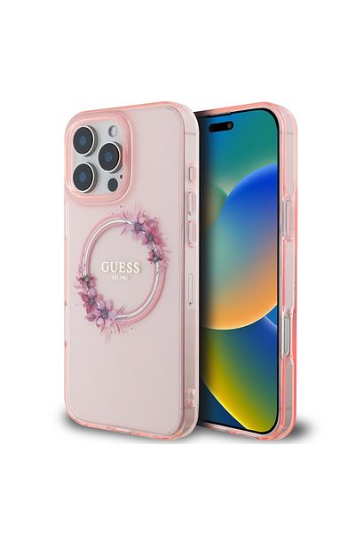 Guess Case for iPhone 16 Pro Max - Guess IML Flowers Wreath MagSafe (GUHMP16XHFWFCP) - Pink