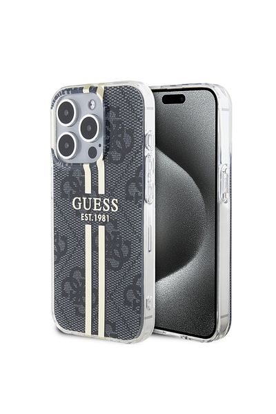 Guess Case for iPhone 15 Pro Max - Guess Hardcase IML 4G Gold Stripe (GUHCP15XH4PSEGK) - Black