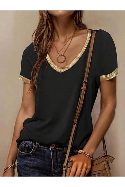REKA MODA    Women's Short Sleeve V-Neck Viscose Blouse
