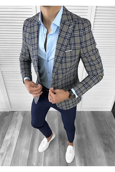 dehaine Sacou pentru barbati, slim fit, in carouri, 11620, bleumarin