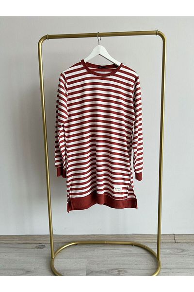 Bold Grup Fashion Neva Women's Burgundy Striped Two Thread Hijab Crew Neck Loose Tunic Sweatshirt