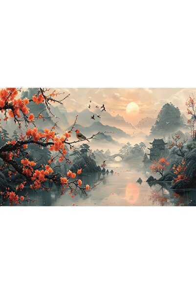 ve Tablou Canvas living, Peisaj in Japonia, pasari munti, lac, padure, flori,...