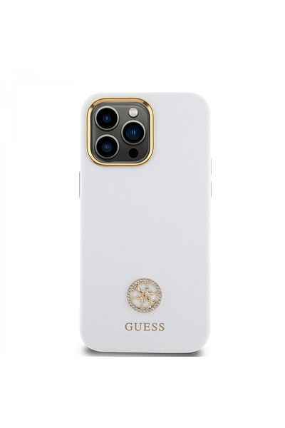 Guess Case for iPhone 15 Pro Max - Guess Silicone Logo Strass 4G (GUHCP15XM4DGPH) - White