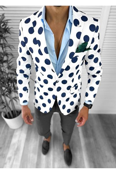 dehaine Men's slim fit polka dot jacket, 637, white