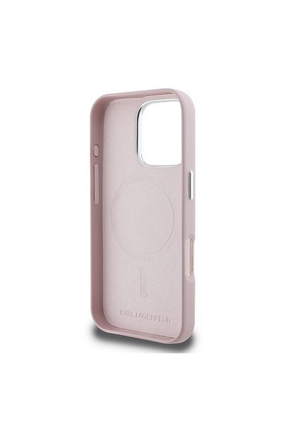 Karl Lagerfeld Husă pentru iPhone 16 Pro Max - Karl Lagerfeld din piele MagSafe (KLHMP16XPGMSRPP) - Placă metalică roz FW