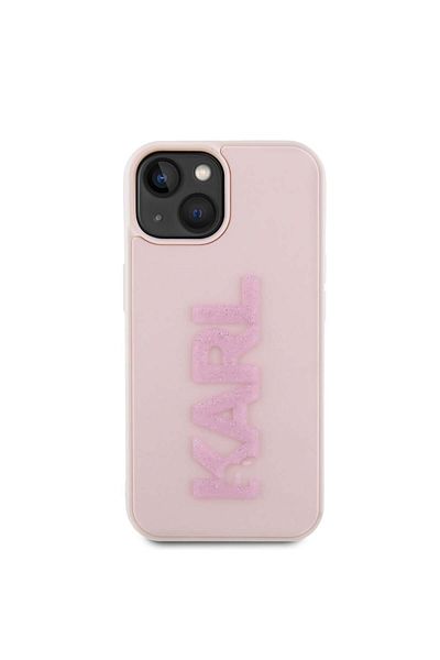 Karl Lagerfeld Carcasă pentru iPhone 15 - Karl Lagerfeld 3D Design (KLHCP15S3DMBKCP) - Logo roz cu sclipici din cauciuc