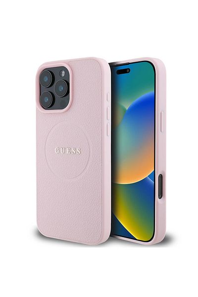 Guess Case for iPhone 16 Pro - Guess Grained Gold Ring MagSafe (GUHMP16LPGHSMMP) - Pink