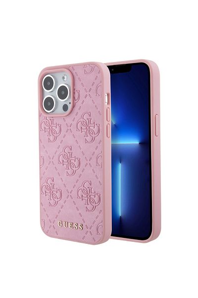 Guess Case for iPhone 15 Pro Max - Guess Leather 4G Stamped (GUHCP15XP4EPMP) - Pink