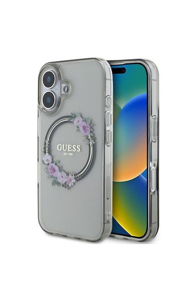 Guess Case for iPhone 16 - Guess IML Flowers Wreath MagSafe (GUHMP16SHFWFCK) - Black