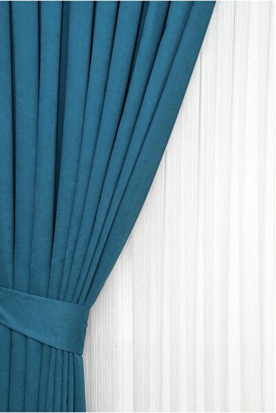 Wowlays Home Petroleum Blue Pleated Background Curtain Velvety Fabric High Quality Single Sash