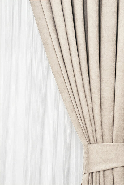 Wowlays Home Bej Pileli Fon Perde Kadifemsi Kumaş Yüksek Kalite Tek Kanat