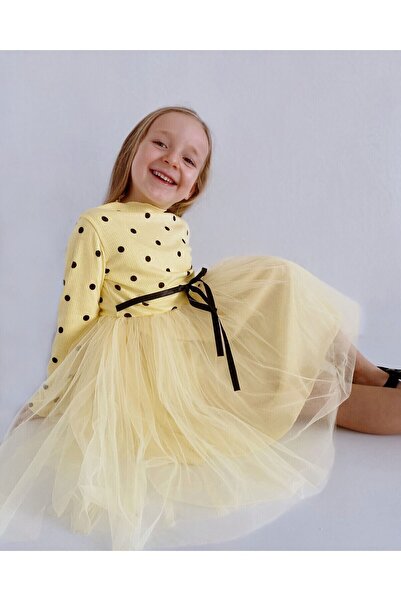Şirin Şeyler Butiği Linda Uzun Kol Kız Çocuk Prenses Kabarık Tütü Puantiyeli Esnek Likralı Sarı Tüllü Tütülü Elbise