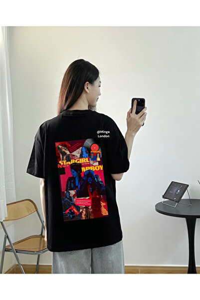 Minga London تيشيرت أسود كبير الحجم مطبوع عليه فتاة النجمة السوداء - مينغا لندن