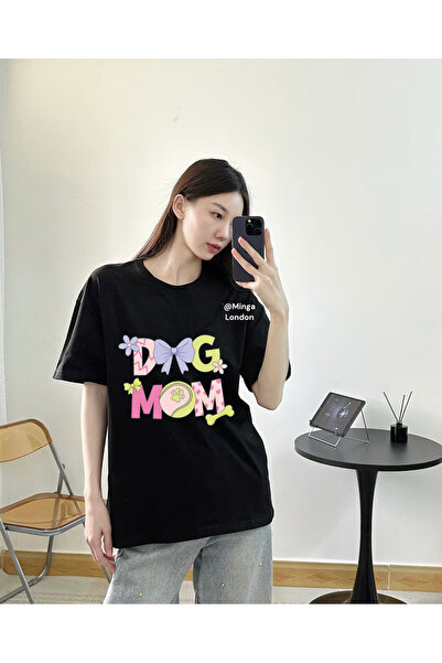 Minga London Tricou oversize cu imprimeu frontal Black Dog Mom Written -Minga...