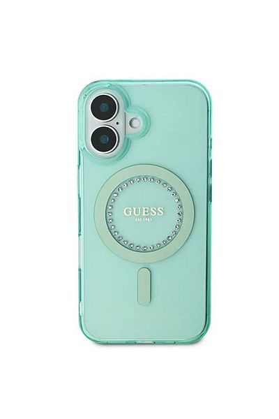 Guess Case for iPhone 16 Plus - Guess IML Rhinestones MagSafe (GUHMP16MPFTDTEN) - Green
