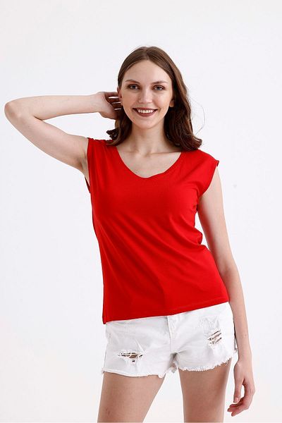 SİSTERS2HC Tricou roșu Lyc din viscoză - Decolteu în V adânc în față și în spate, mânecă căzută