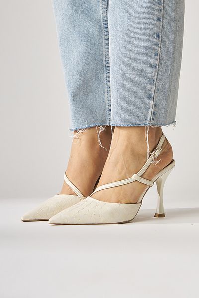 Limoya Genuine Leather Sarah Beige Crocodile Patterned Pointed Toe Heeled Women's Shoes