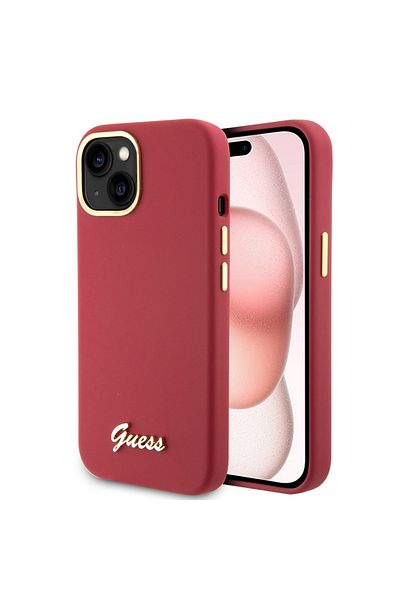Guess IPhone 15 Case - Guess Silicone Script Metal Logo & Frame (GUHCP15SSMBSLM) - Red