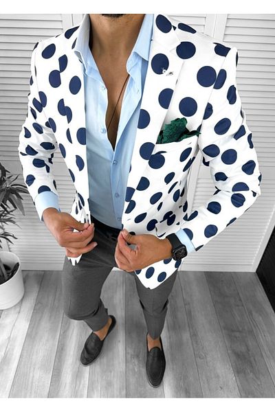 dehaine Men's slim fit polka dot jacket, 637, white