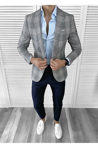dehaine Men's slim fit checked jacket, 11629, grey