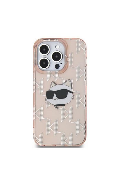 Karl Lagerfeld Carcasă pentru iPhone 14 Pro - Karl Lagerfeld IML Luxury (KLHCP14LHKLPCHP) - Cap de Choupette roz și monogramă