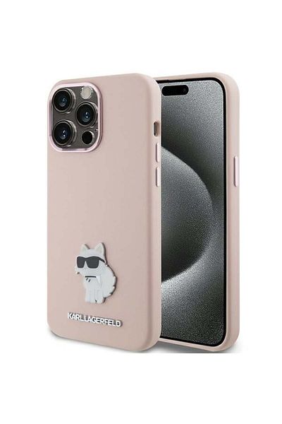 Karl Lagerfeld Carcasă pentru iPhone 15 Pro - Karl Lagerfeld Silicon (KLHCP15LSMHCNPP) - Broșă metalică Choupette roz