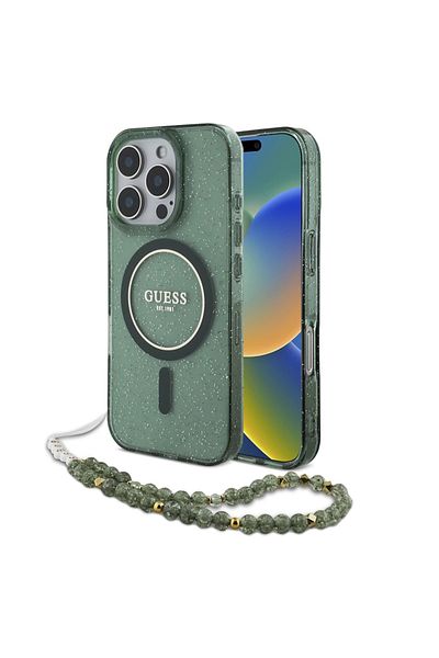 Guess Case for iPhone 16 Pro Max - Guess IML Glitter with Pearl Strap MagSafe (GUHMP16XHGCRELSA) - Green
