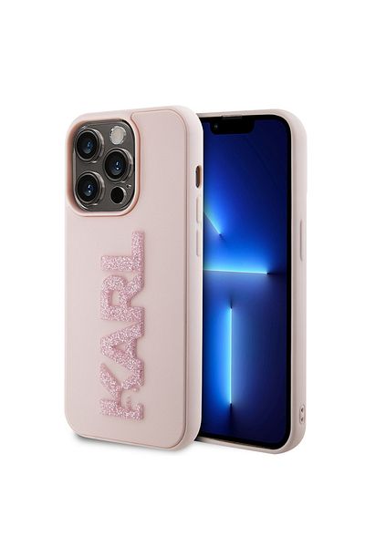 Karl Lagerfeld Carcasă pentru iPhone 15 Pro - Karl Lagerfeld 3D Design (KLHCP15L3DMBKCP) - Logo roz cu sclipici din cauciuc