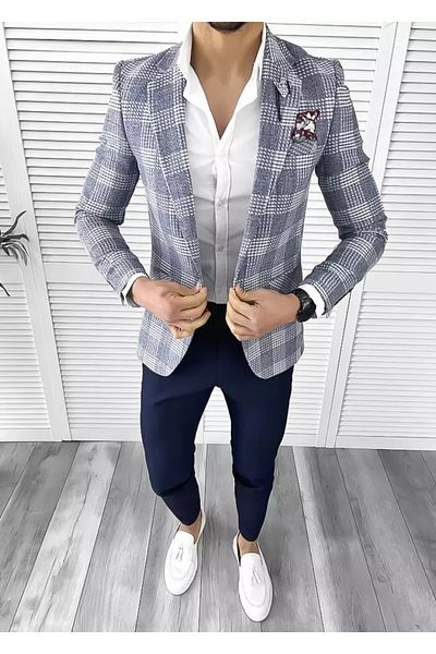dehaine Sacou pentru barbati, slim fit, in carouri, 10279, albastru