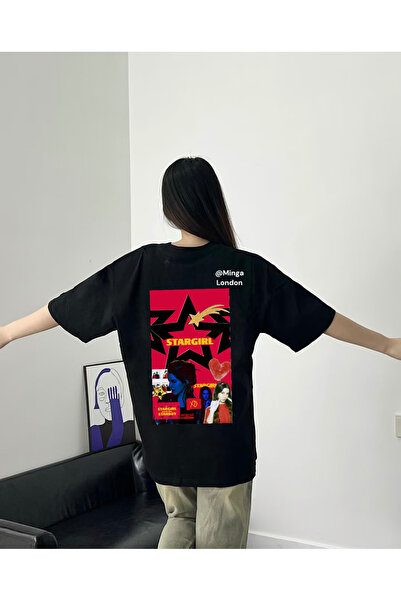 Minga London تيشيرت أسود كبير الحجم مطبوع عليه نجمة لانا ديل ري ستار جيرل - م...