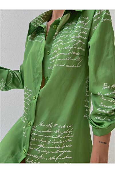 mass fashion Γυναικείο σατέν φόρεμα-πουκάμισο με σχέδια