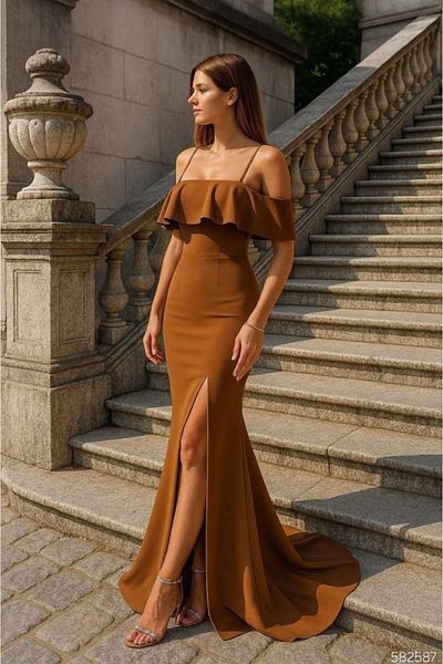 modaserdem Women's Diver Crepe Slit Detailed Strap Maxi Dress