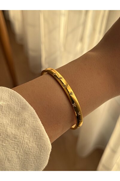 Vola Collection Beyaz Taşlı Yıldız Motifli Çelik Gold Kelepçe Bileklik