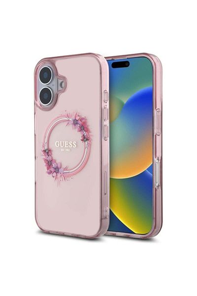 Guess Case for iPhone 16 - Guess IML Flowers Wreath MagSafe (GUHMP16SHFWFCP) - Pink