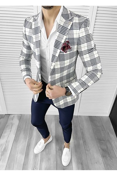 dehaine Men's slim fit navy blue checked jacket, 715, white