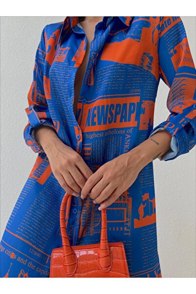 mass fashion Kadın Saten Şifon Desenli Gömlek Elbise