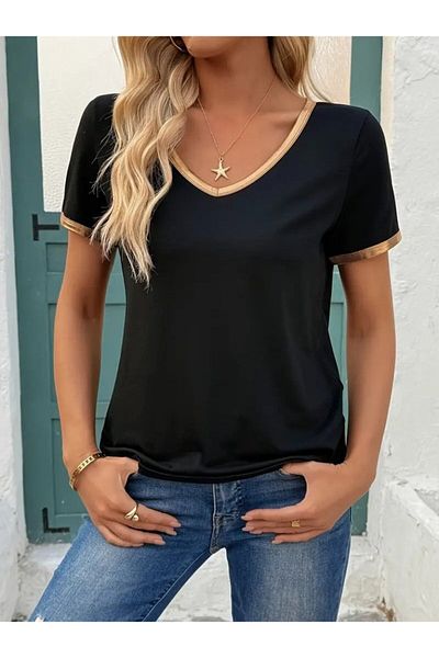 REKA MODA    Women's Short Sleeve V-Neck Viscose Blouse