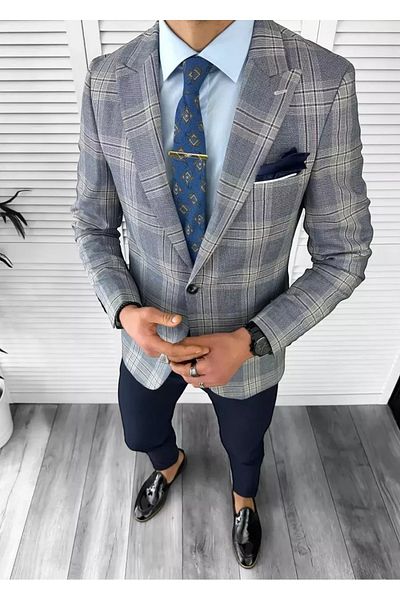 dehaine Sacou pentru barbati, slim fit, in carouri, 11621, bleumarin