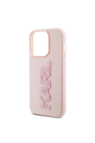 Karl Lagerfeld Carcasă pentru iPhone 15 Pro - Karl Lagerfeld 3D Design (KLHCP15L3DMBKCP) - Logo roz cu sclipici din cauciuc
