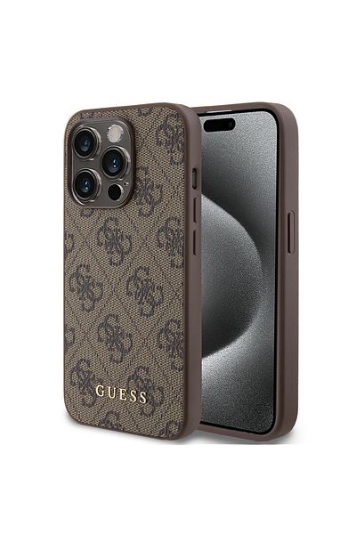 Guess Case for iPhone 15 Pro - Guess Hardcase 4G Metal Gold Logo (GUHCP15LG4GFBR) - Brown